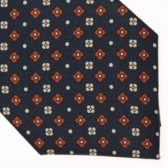 Drake's NWT Neck Tie in Navy w/ Orange/White/Yellow Geometric Pattern 100% Silk